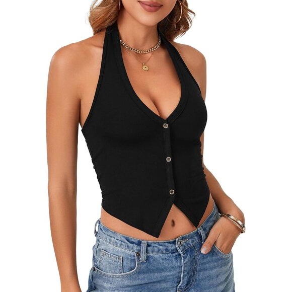 Women's Ribbed Knit Tank Top V Neck Sleeveless Crop Slim Fit Casual - Picture 3 of 6